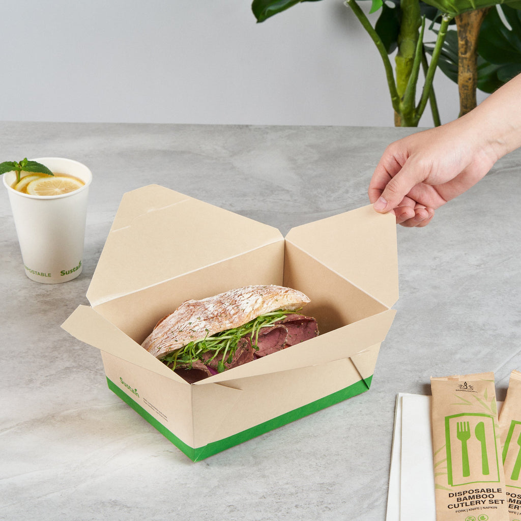 Sustain 98 oz Rectangle Bamboo Paper #4 Bio Box Take Out Container - with PLA Lining, Compostable - 8 1/2" x 6 1/4" x 3 1/2" - 50 count box