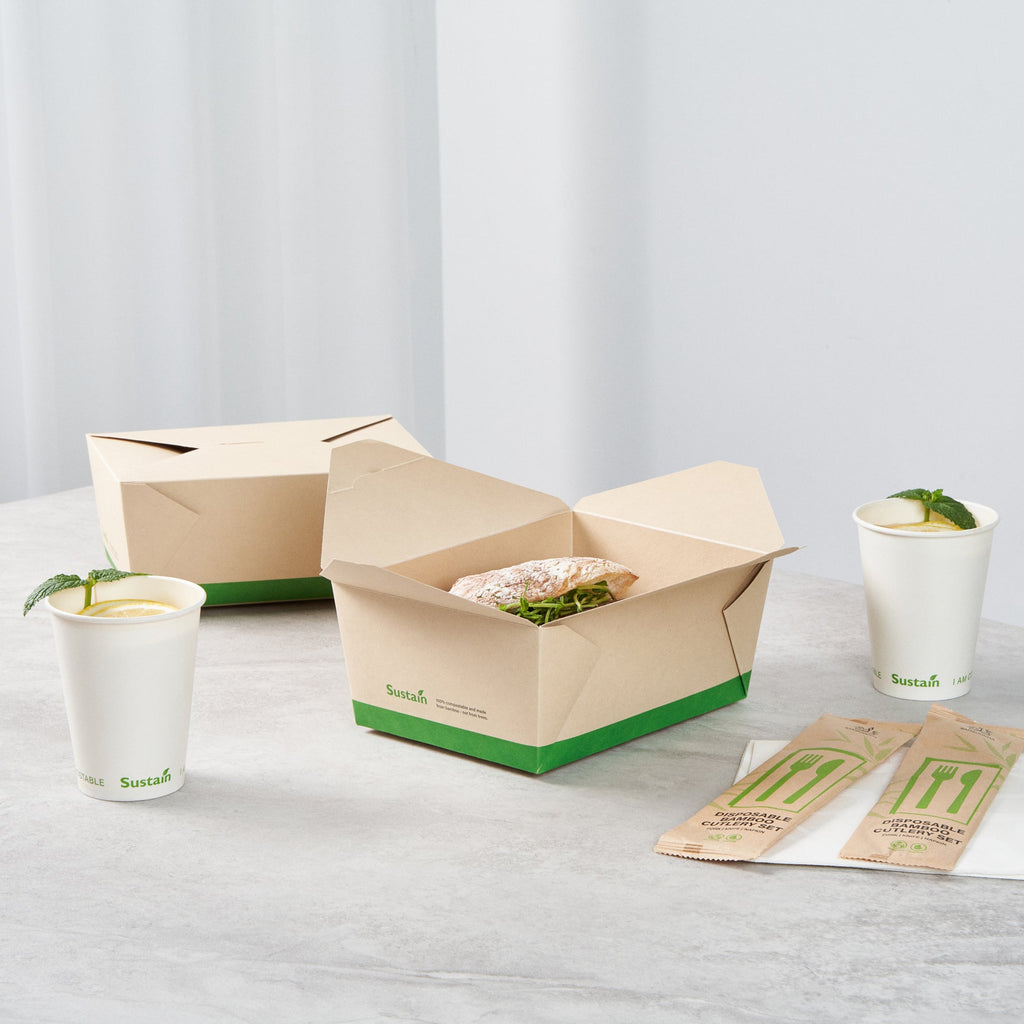 Sustain 98 oz Rectangle Bamboo Paper #4 Bio Box Take Out Container - with PLA Lining, Compostable - 8 1/2" x 6 1/4" x 3 1/2" - 50 count box