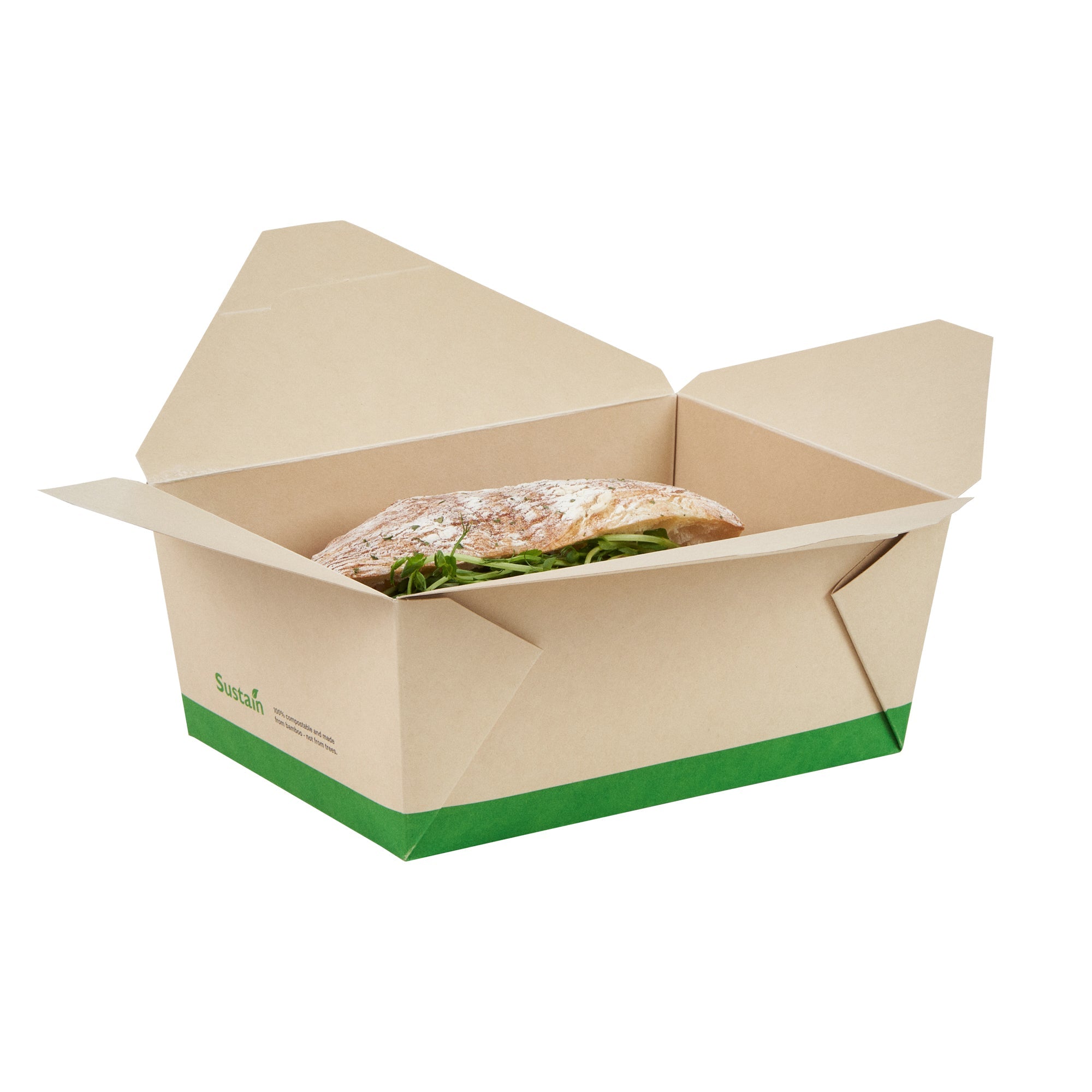 Sustain 98 oz Rectangle Bamboo Paper #4 Bio Box Take Out Container - with PLA Lining, Compostable - 8 1/2" x 6 1/4" x 3 1/2" - 200 count box