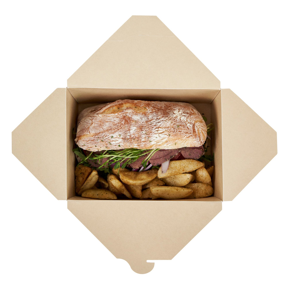 Sustain 98 oz Rectangle Bamboo Paper #4 Bio Box Take Out Container - with PLA Lining, Compostable - 8 1/2" x 6 1/4" x 3 1/2" - 200 count box