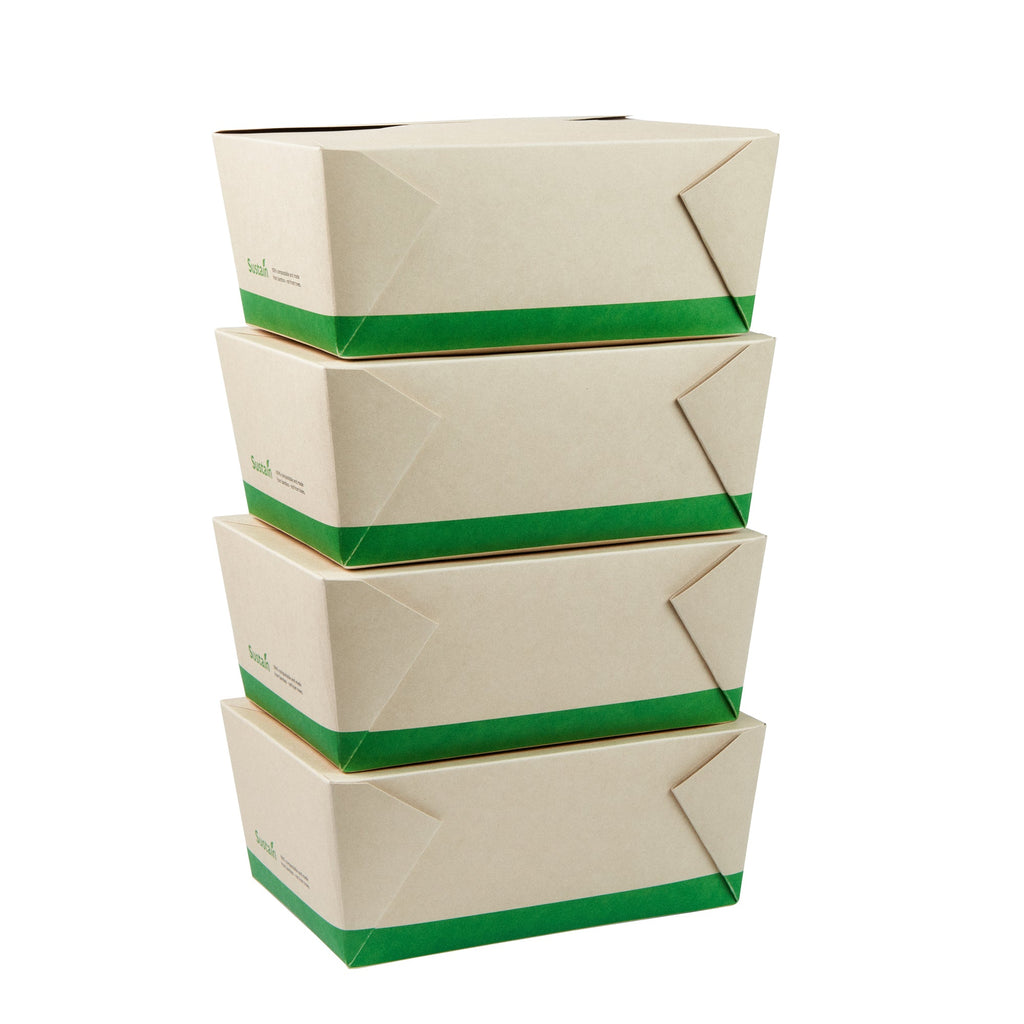 Sustain 98 oz Rectangle Bamboo Paper #4 Bio Box Take Out Container - with PLA Lining, Compostable - 8 1/2" x 6 1/4" x 3 1/2" - 200 count box