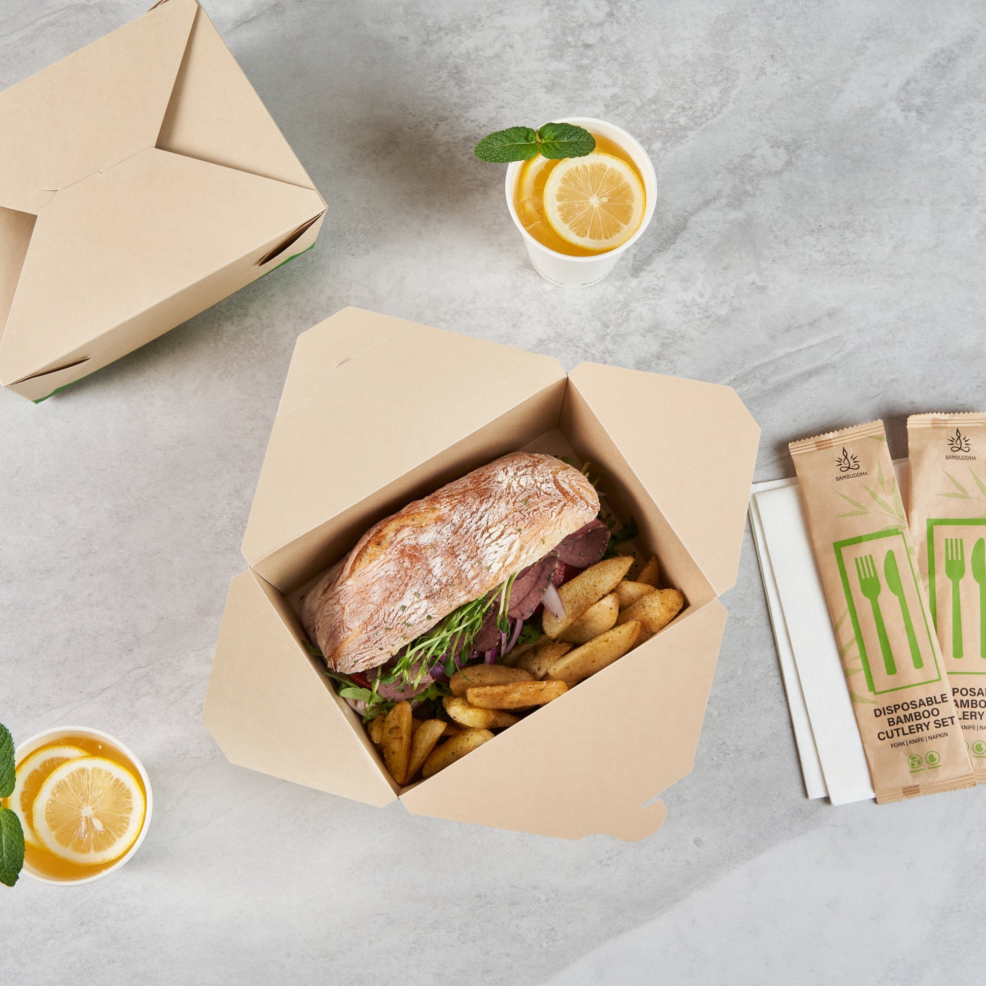 Sustain 98 oz Rectangle Bamboo Paper #4 Bio Box Take Out Container - with PLA Lining, Compostable - 8 1/2" x 6 1/4" x 3 1/2" - 200 count box
