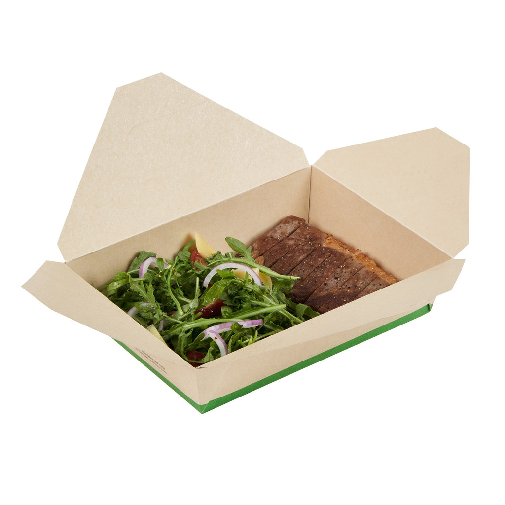 Sustain 49 oz Rectangle Bamboo Paper #2 Bio Box Take Out Container - with PLA Lining, Compostable - 8 1/2" x 6 1/4" x 2" - 50 count box