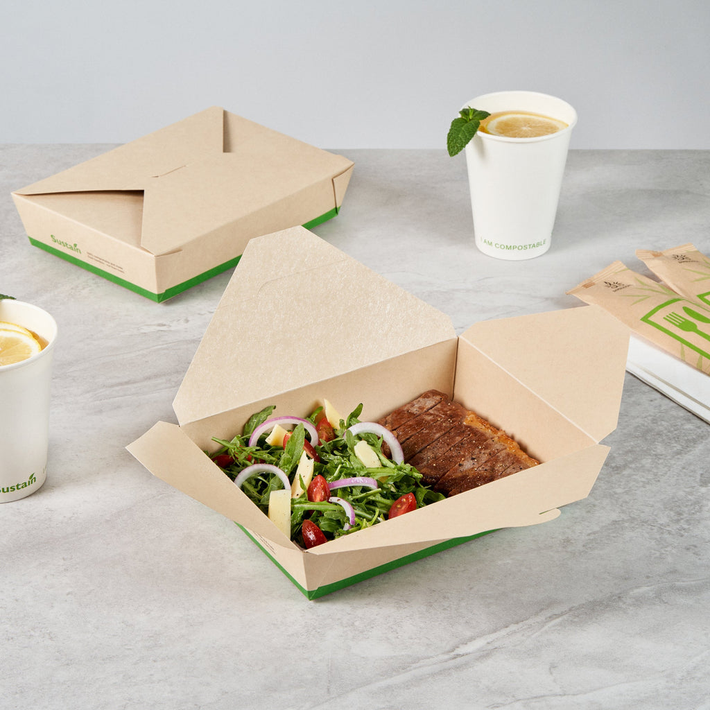 Sustain 49 oz Rectangle Bamboo Paper #2 Bio Box Take Out Container - with PLA Lining, Compostable - 8 1/2" x 6 1/4" x 2" - 50 count box