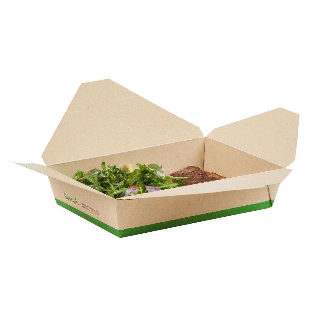 Sustain 49 oz Rectangle Bamboo Paper #2 Bio Box Take Out Container - with PLA Lining, Compostable - 8 1/2" x 6 1/4" x 2" - 50 count box