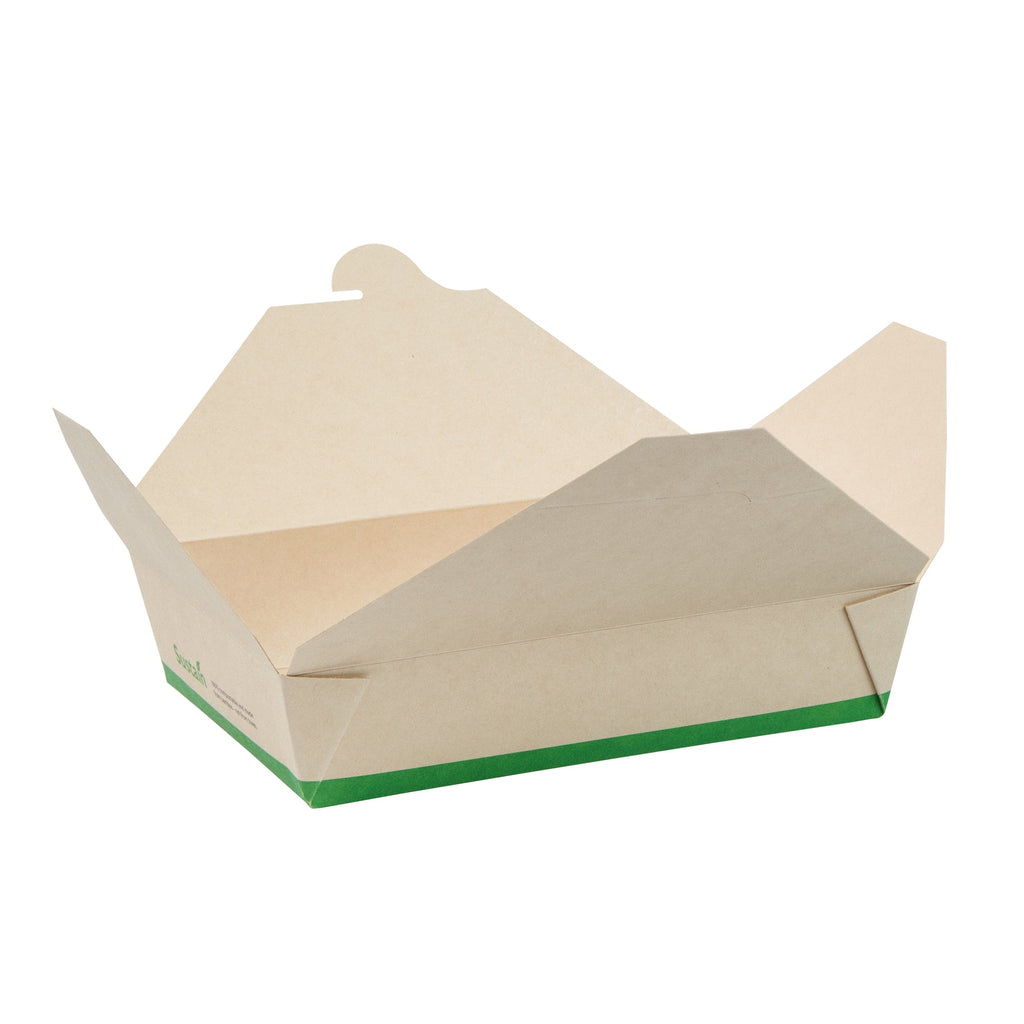 Sustain 49 oz Rectangle Bamboo Paper #2 Bio Box Take Out Container - with PLA Lining, Compostable - 8 1/2" x 6 1/4" x 2" - 50 count box