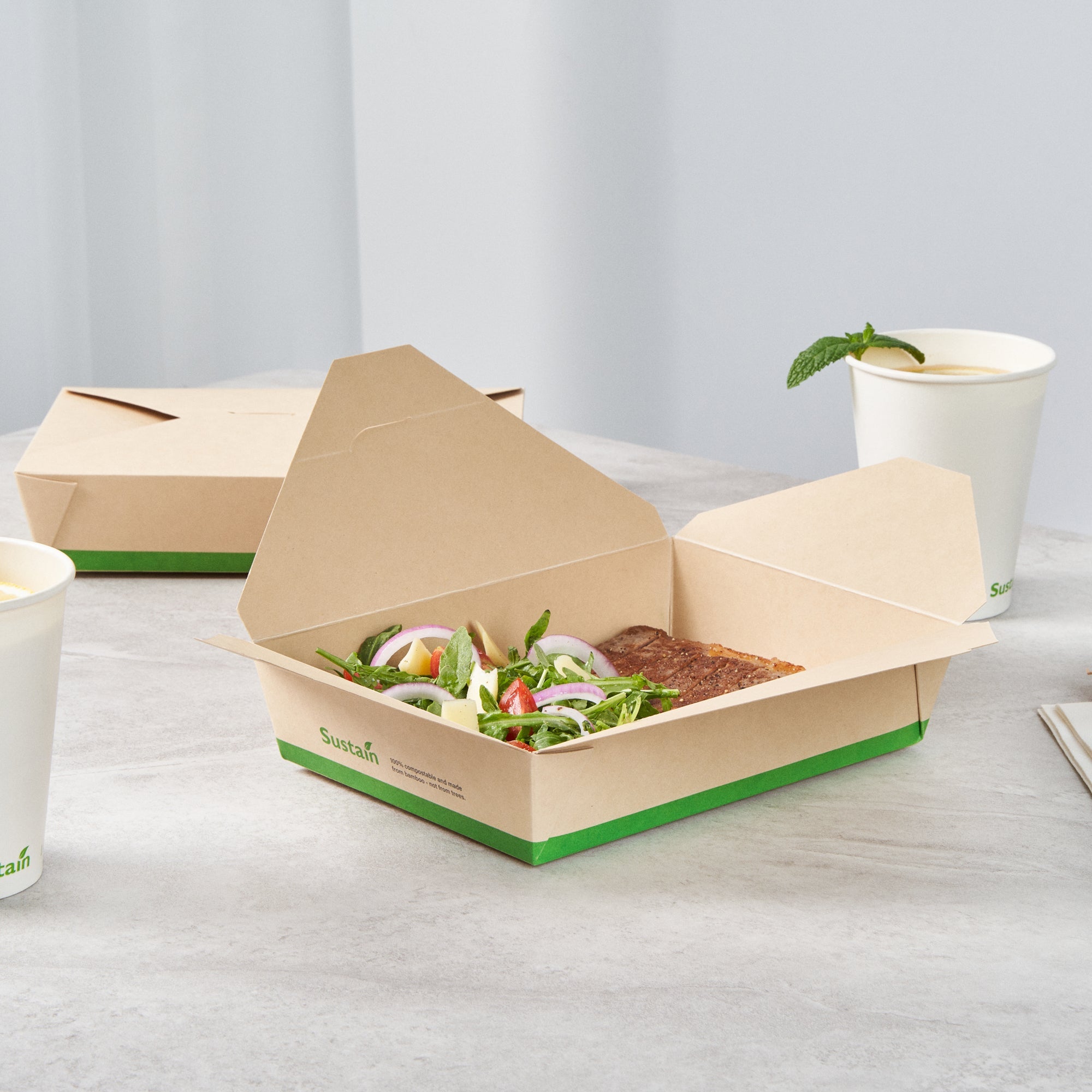 Sustain 49 oz Rectangle Bamboo Paper #2 Bio Box Take Out Container - with PLA Lining, Compostable - 8 1/2" x 6 1/4" x 2" - 50 count box