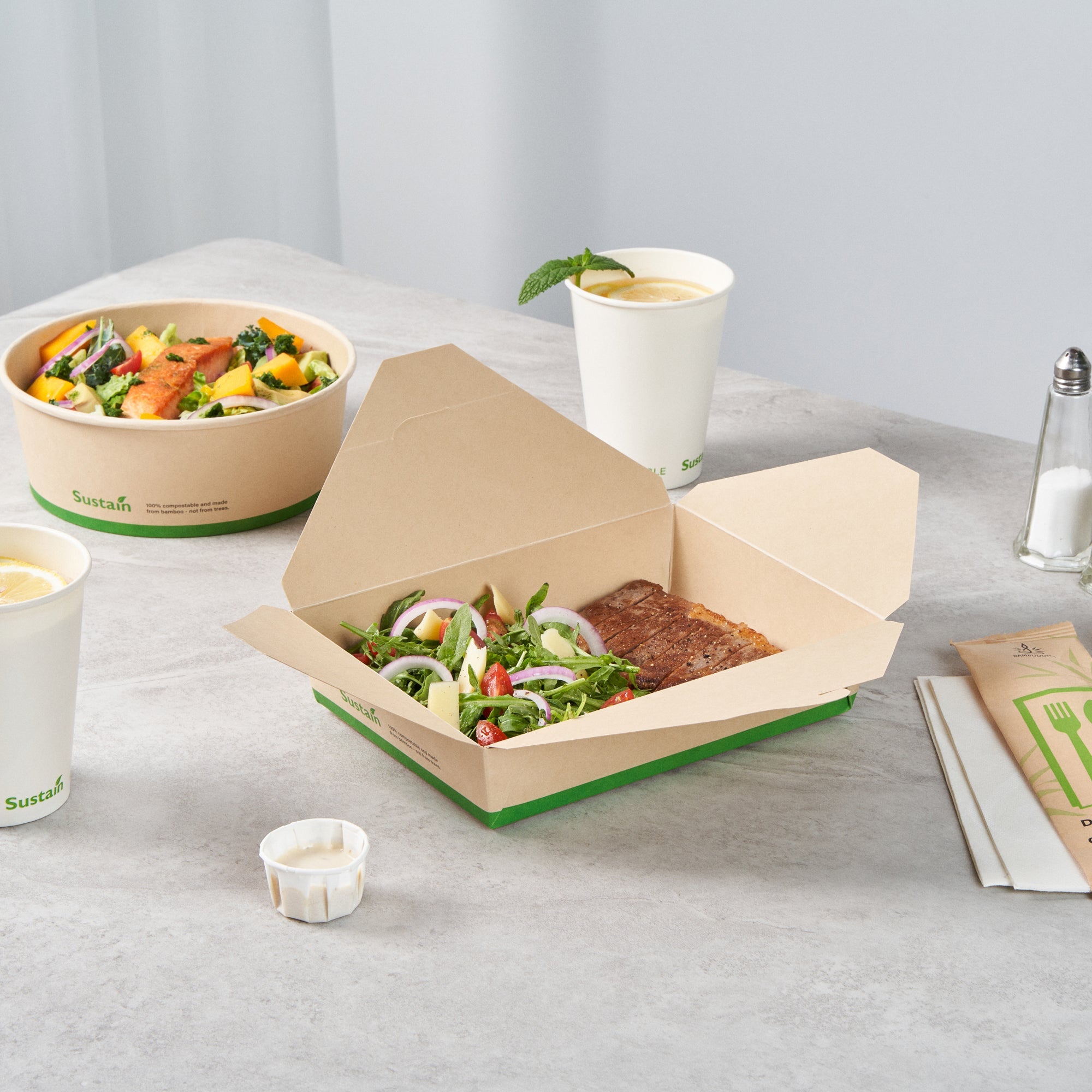 Sustain 49 oz Rectangle Bamboo Paper #2 Bio Box Take Out Container - with PLA Lining, Compostable - 8 1/2" x 6 1/4" x 2" - 50 count box