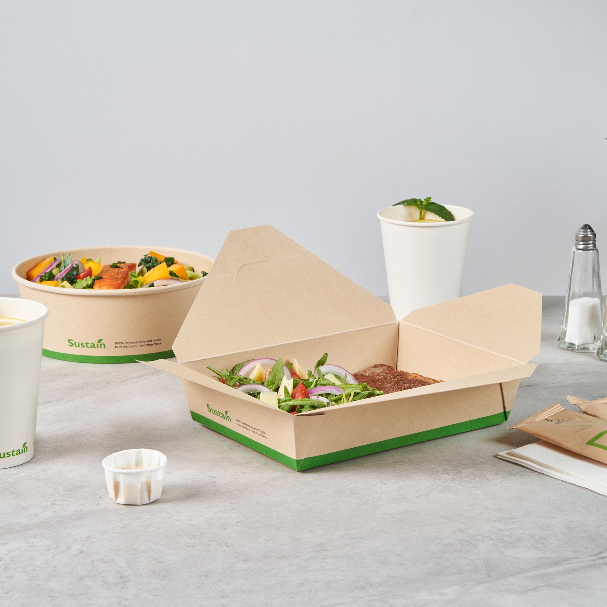 Sustain 49 oz Rectangle Bamboo Paper #2 Bio Box Take Out Container - with PLA Lining, Compostable - 8 1/2" x 6 1/4" x 2" - 50 count box