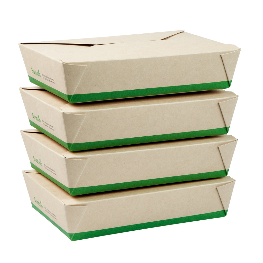 Sustain 49 oz Rectangle Bamboo Paper #2 Bio Box Take Out Container - with PLA Lining, Compostable - 8 1/2" x 6 1/4" x 2" - 200 count box