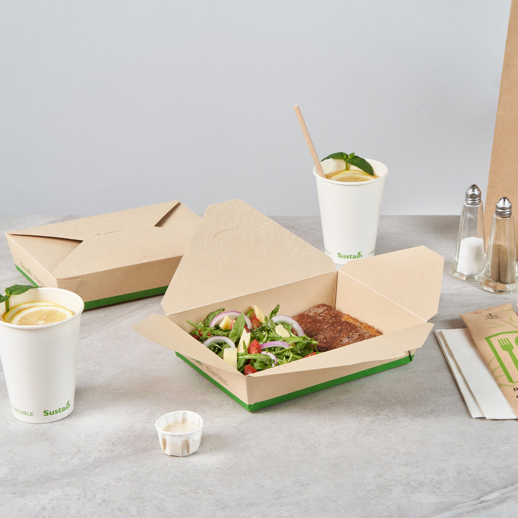 Sustain 49 oz Rectangle Bamboo Paper #2 Bio Box Take Out Container - with PLA Lining, Compostable - 8 1/2" x 6 1/4" x 2" - 200 count box