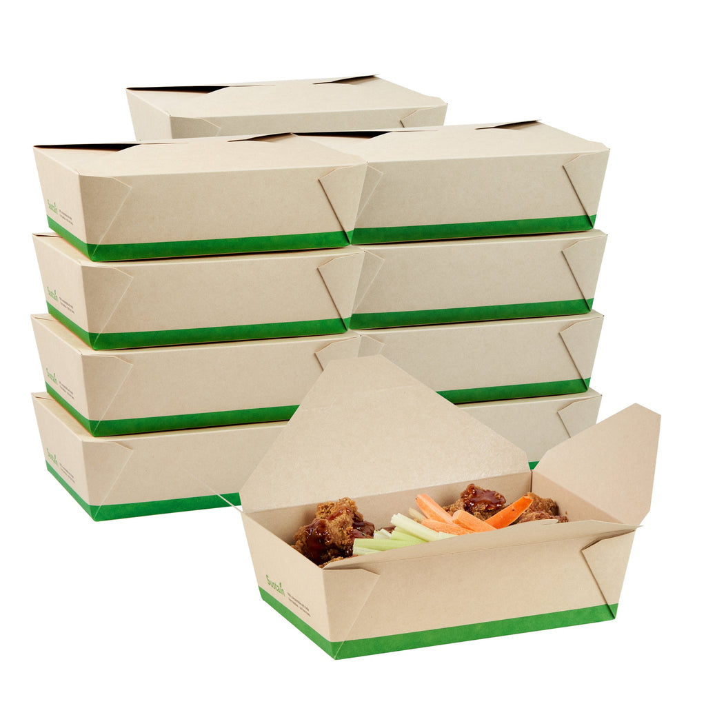Sustain 71 oz Rectangle Bamboo Paper #3 Bio Box Take Out Container - with PLA Lining, Compostable - 8 1/2" x 6 1/4" x 2 1/2" - 50 count box