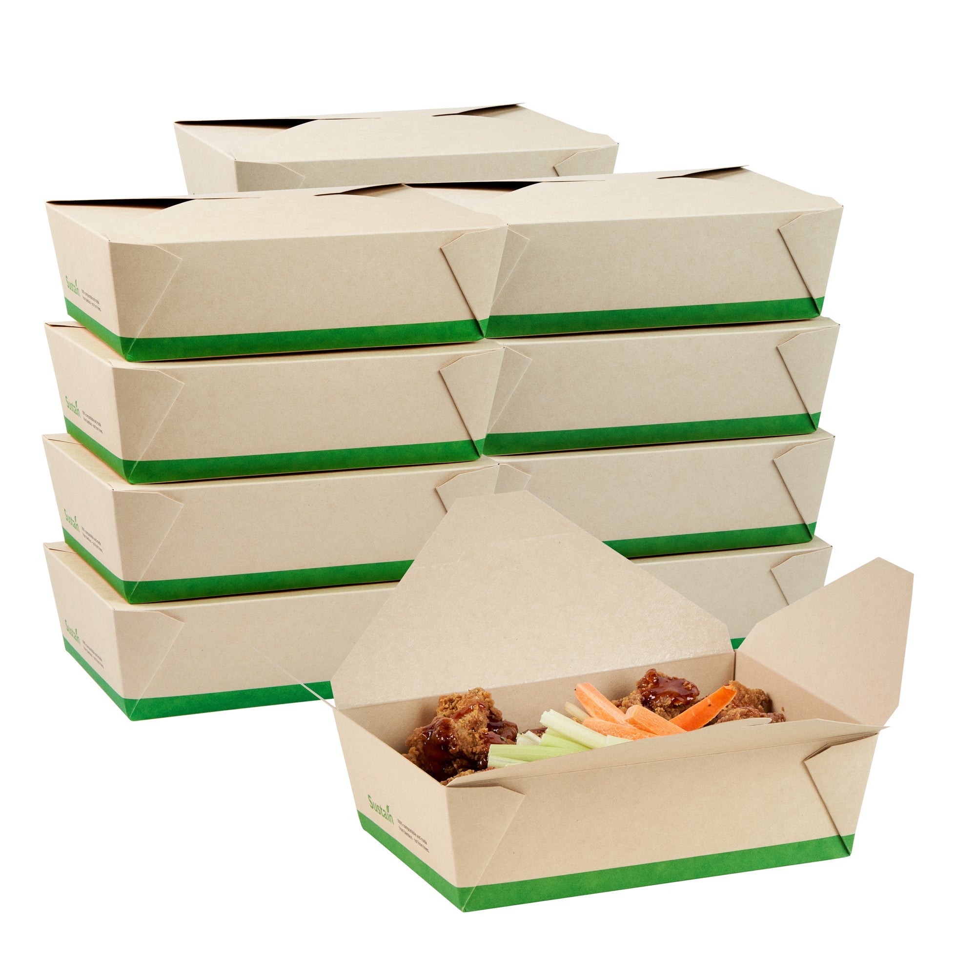 Sustain 71 oz Rectangle Bamboo Paper #3 Bio Box Take Out Container - with PLA Lining, Compostable - 8 1/2" x 6 1/4" x 2 1/2" - 50 count box