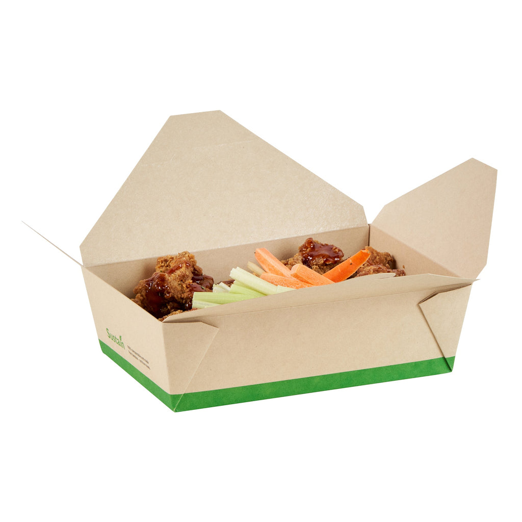 Sustain 71 oz Rectangle Bamboo Paper #3 Bio Box Take Out Container - with PLA Lining, Compostable - 8 1/2" x 6 1/4" x 2 1/2" - 50 count box