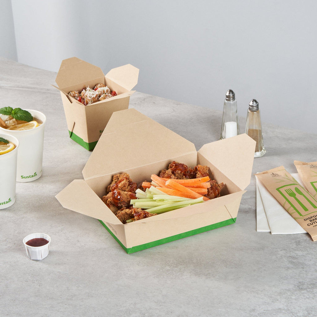 Sustain 71 oz Rectangle Bamboo Paper #3 Bio Box Take Out Container - with PLA Lining, Compostable - 8 1/2" x 6 1/4" x 2 1/2" - 50 count box