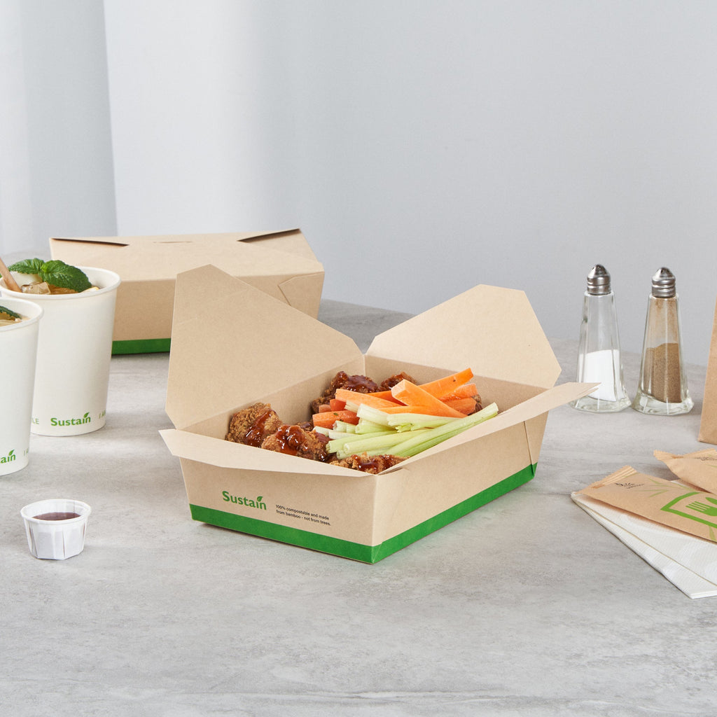 Sustain 71 oz Rectangle Bamboo Paper #3 Bio Box Take Out Container - with PLA Lining, Compostable - 8 1/2" x 6 1/4" x 2 1/2" - 200 count box