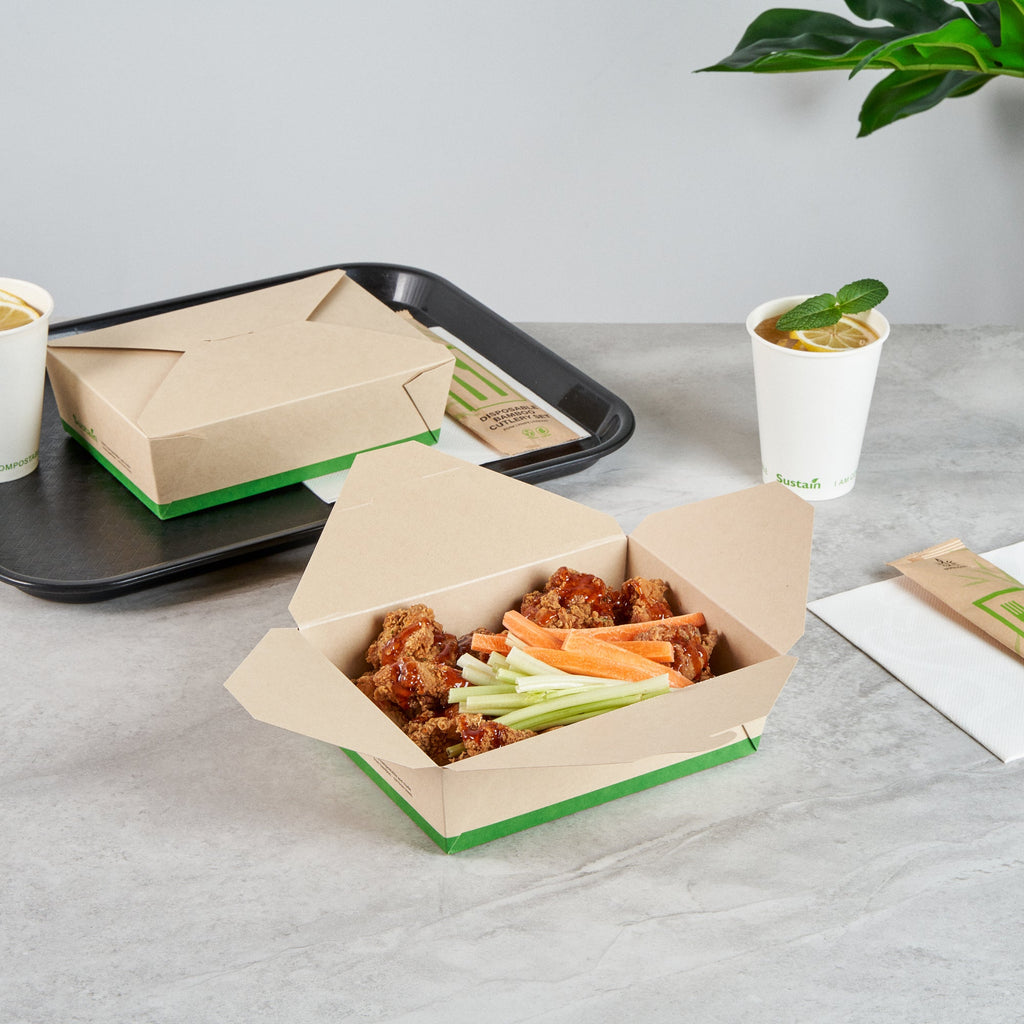 Sustain 71 oz Rectangle Bamboo Paper #3 Bio Box Take Out Container - with PLA Lining, Compostable - 8 1/2" x 6 1/4" x 2 1/2" - 200 count box