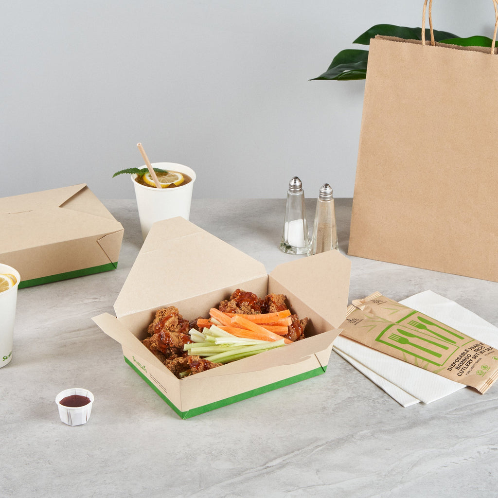 Sustain 71 oz Rectangle Bamboo Paper #3 Bio Box Take Out Container - with PLA Lining, Compostable - 8 1/2" x 6 1/4" x 2 1/2" - 200 count box