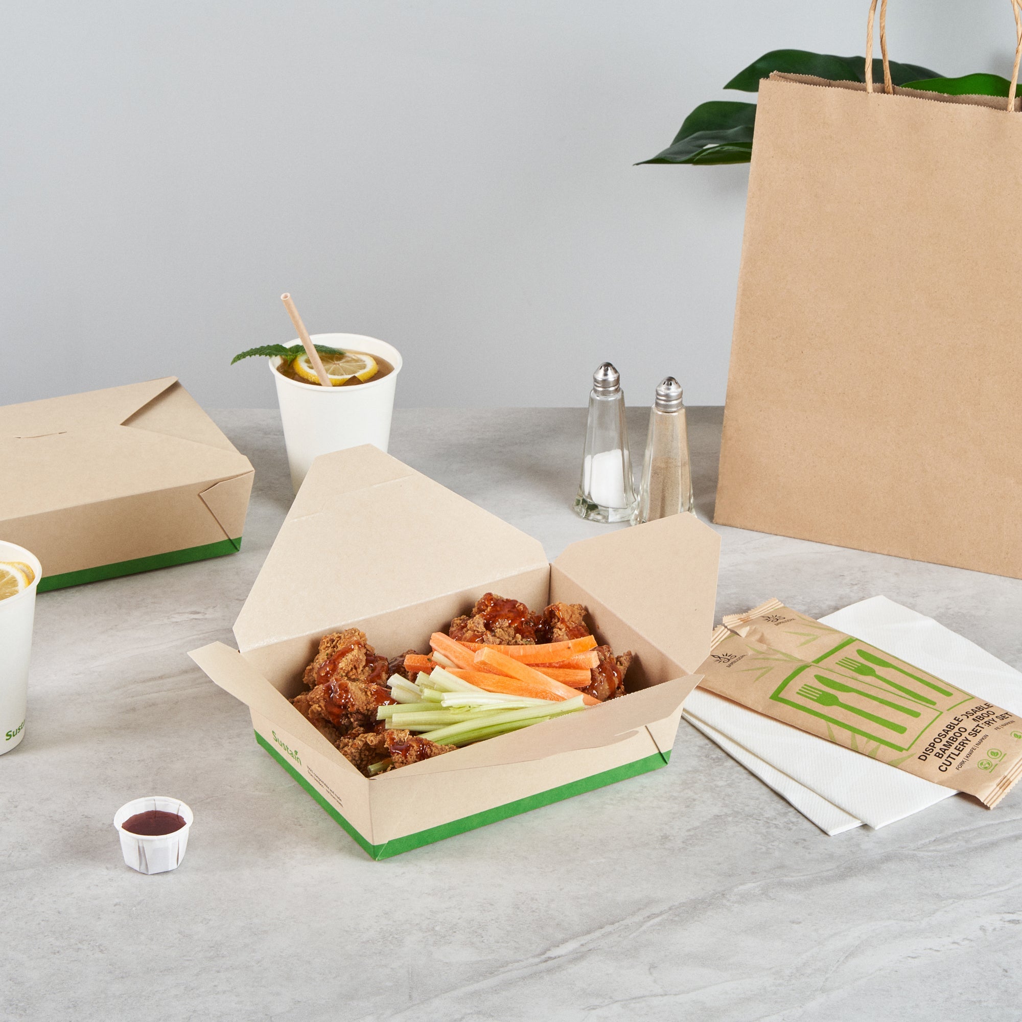 Sustain 71 oz Rectangle Bamboo Paper #3 Bio Box Take Out Container - with PLA Lining, Compostable - 8 1/2" x 6 1/4" x 2 1/2" - 200 count box