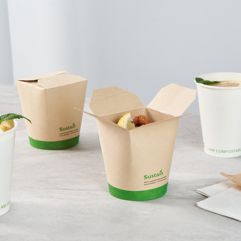 Sustain 16 oz Round Bamboo Paper Noodle Take Out Container - with PLA Lining, Compostable - 3 1/4" x 3" x 4" - 50 count box