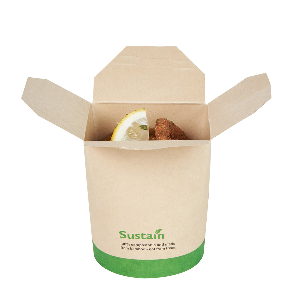 Sustain 16 oz Round Bamboo Paper Noodle Take Out Container - with PLA Lining, Compostable - 3 1/4" x 3" x 4" - 50 count box