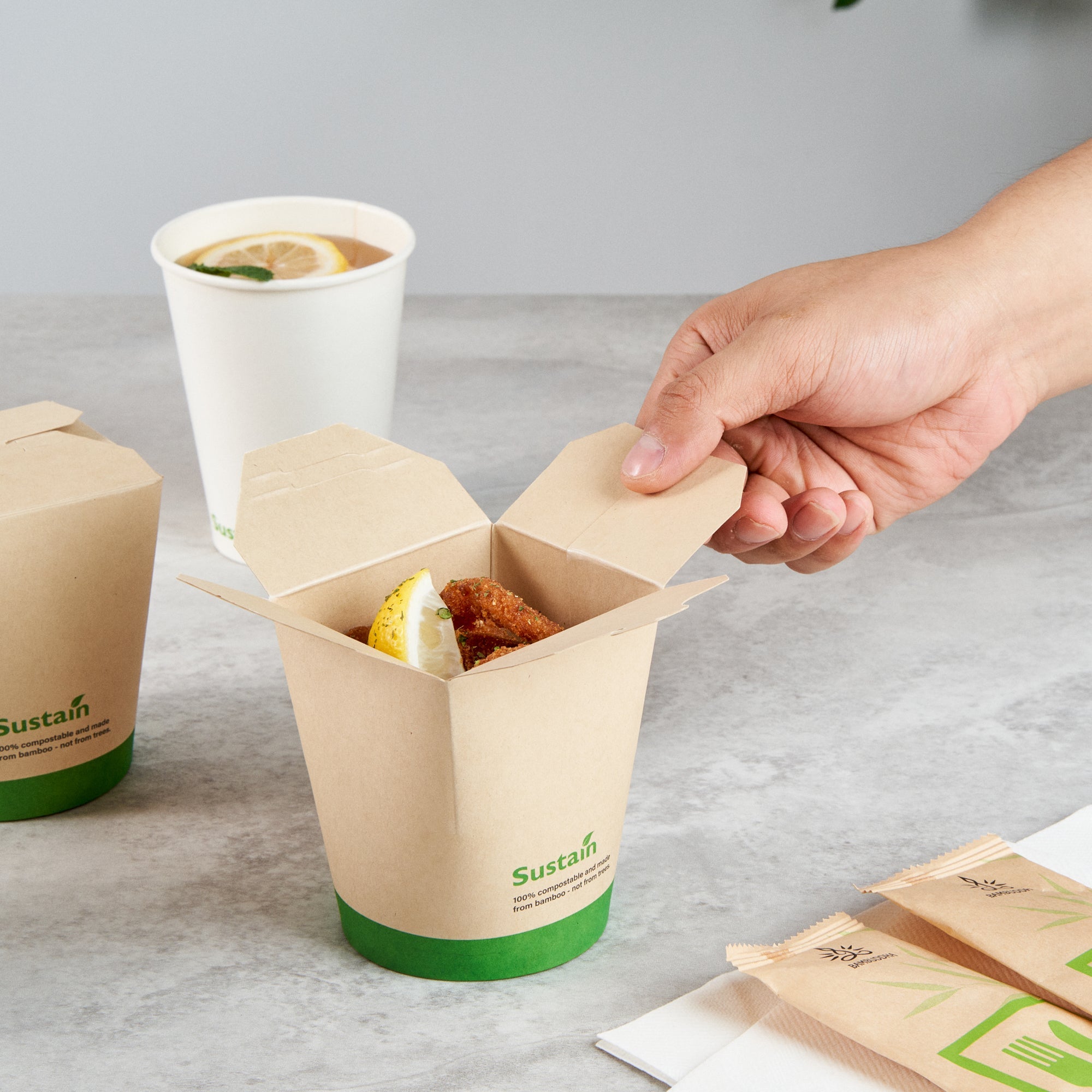 Sustain 16 oz Round Bamboo Paper Noodle Take Out Container - with PLA Lining, Compostable - 3 1/4" x 3" x 4" - 50 count box