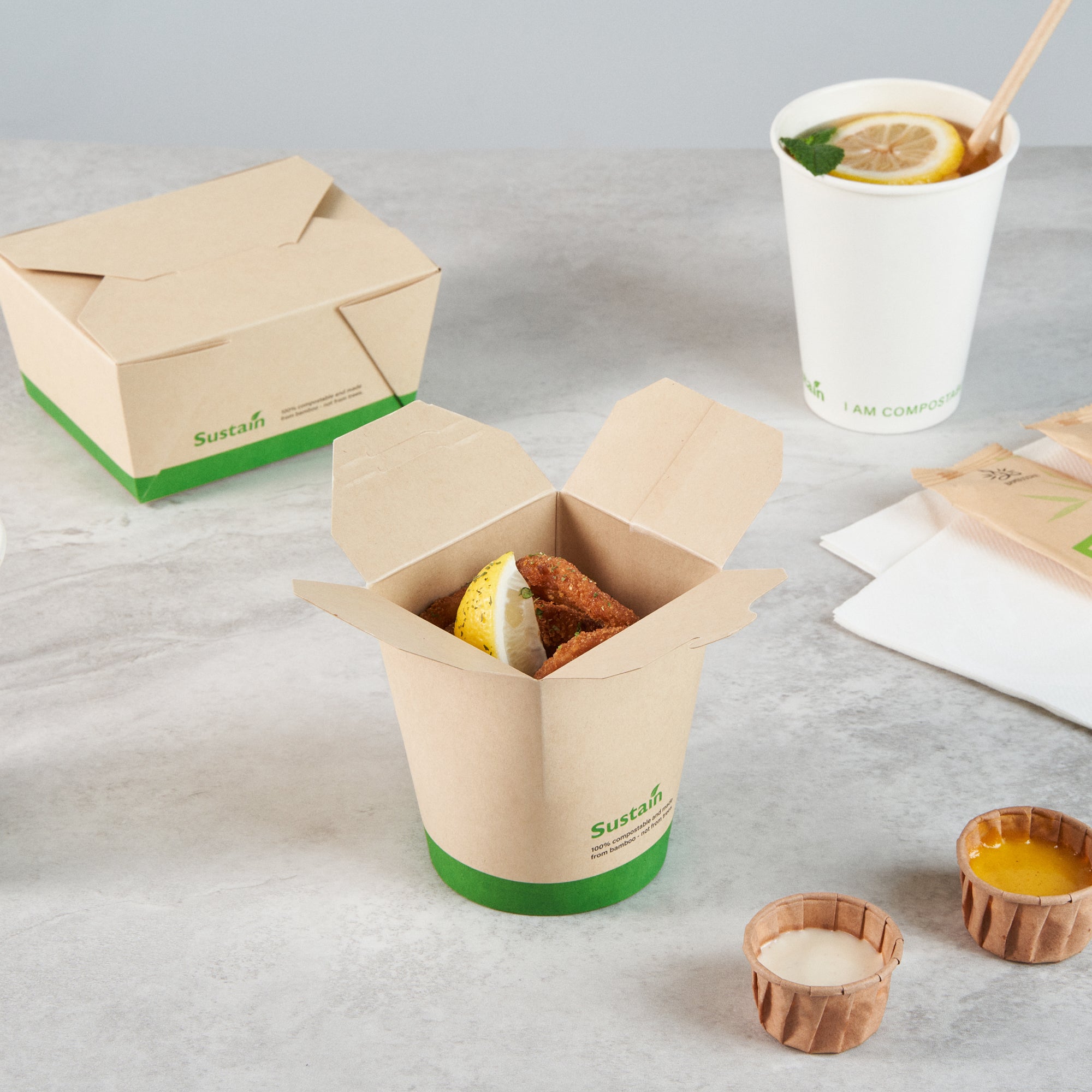 Sustain 16 oz Round Bamboo Paper Noodle Take Out Container - with PLA Lining, Compostable - 3 1/4" x 3" x 4" - 50 count box