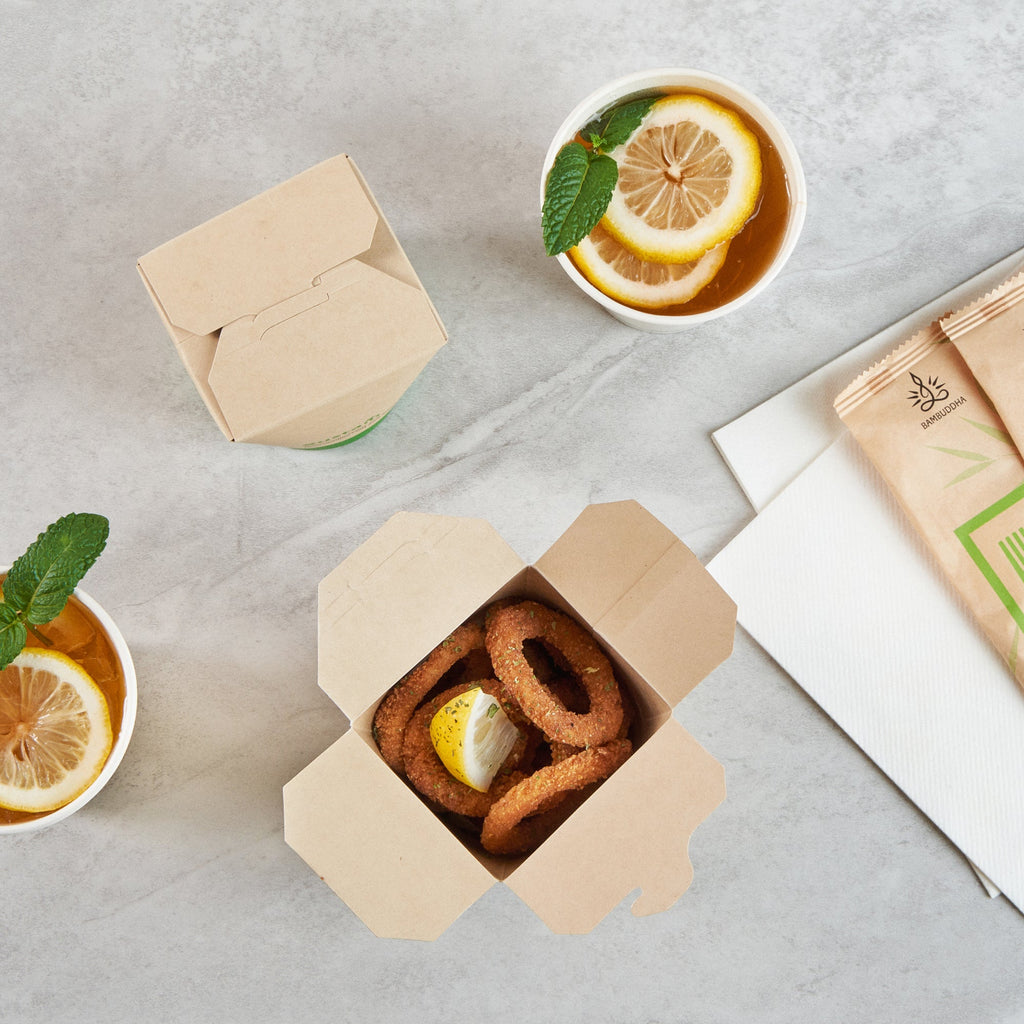 Sustain 16 oz Round Bamboo Paper Noodle Take Out Container - with PLA Lining, Compostable - 3 1/4" x 3" x 4" - 50 count box