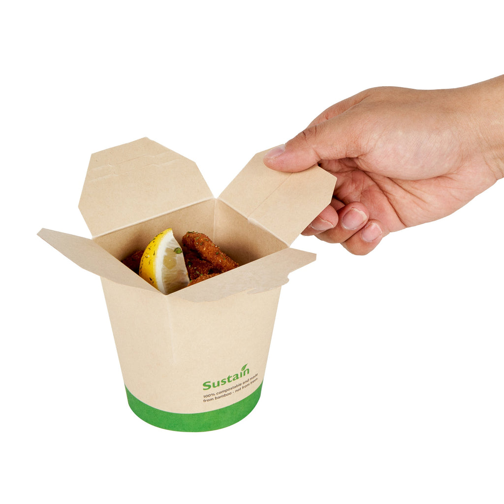 Sustain 16 oz Round Bamboo Paper Noodle Take Out Container - with PLA Lining, Compostable - 3 1/4" x 3" x 4" - 200 count box