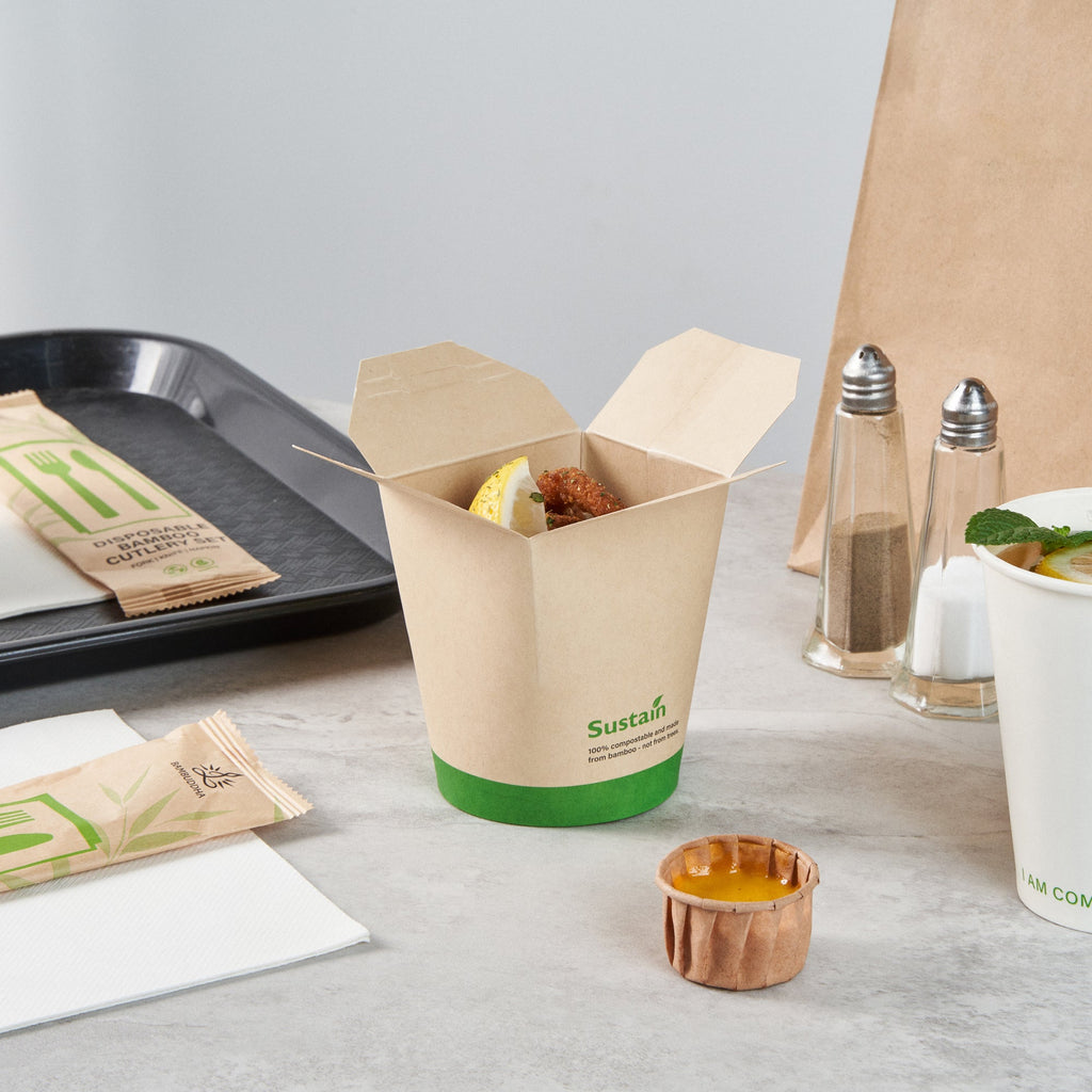 Sustain 16 oz Round Bamboo Paper Noodle Take Out Container - with PLA Lining, Compostable - 3 1/4" x 3" x 4" - 200 count box
