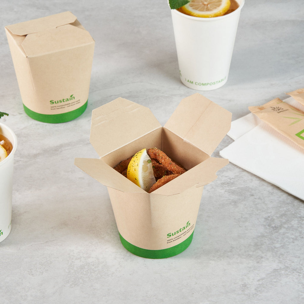 Sustain 16 oz Round Bamboo Paper Noodle Take Out Container - with PLA Lining, Compostable - 3 1/4" x 3" x 4" - 200 count box