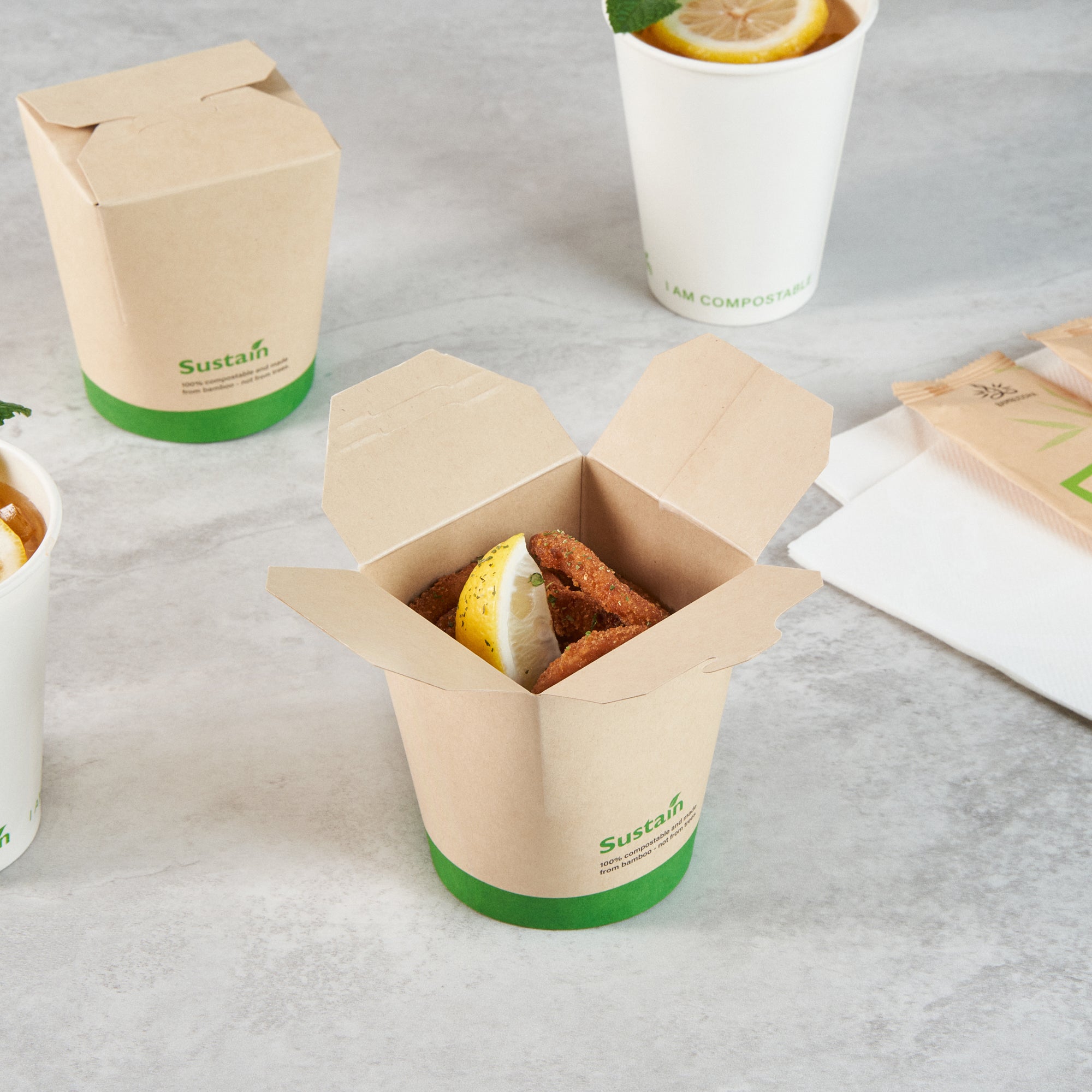 Sustain 16 oz Round Bamboo Paper Noodle Take Out Container - with PLA Lining, Compostable - 3 1/4" x 3" x 4" - 200 count box