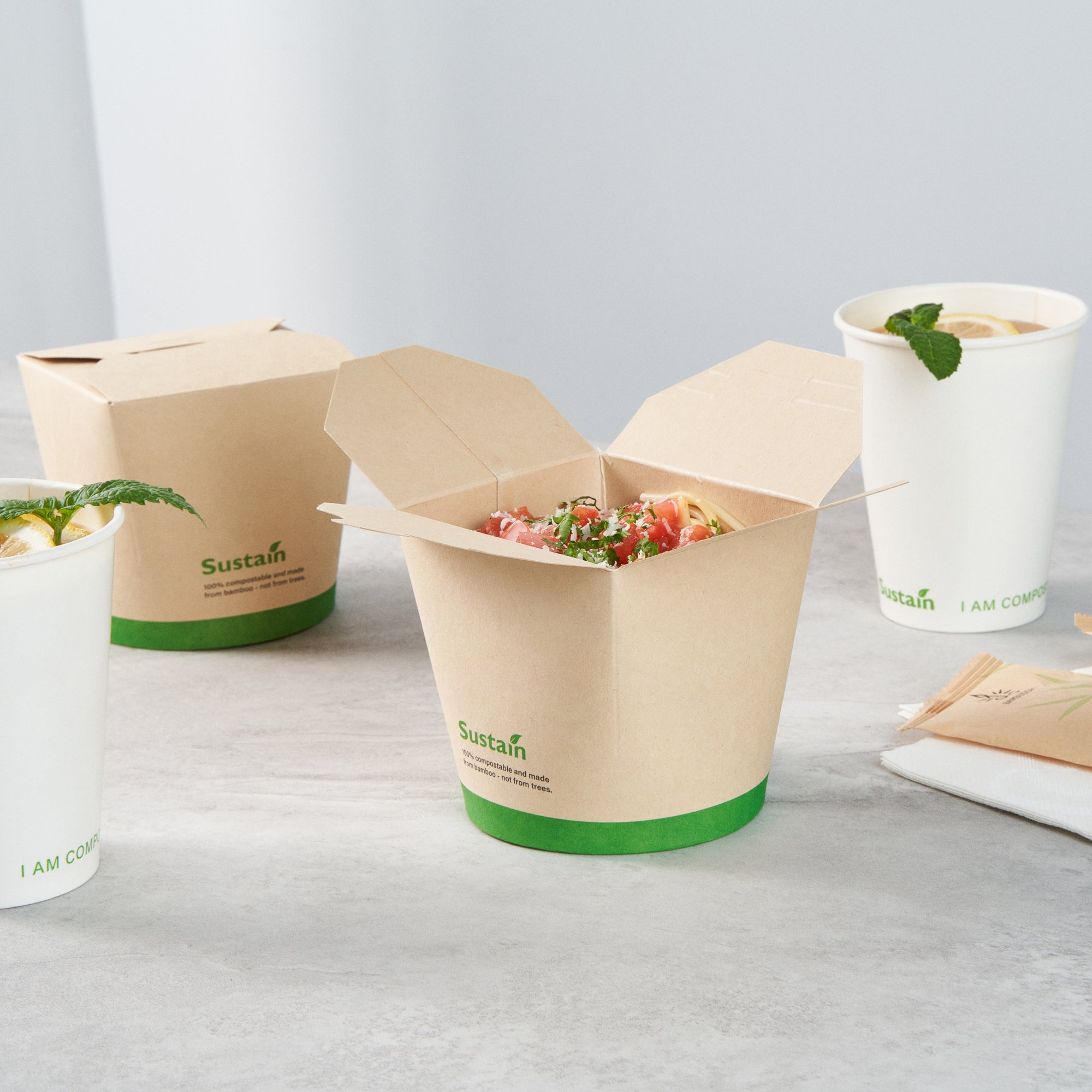 Sustain 26 oz Round Bamboo Paper Noodle Take Out Container - with PLA Lining, Compostable - 4" x 3 1/2" x 3 3/4" - 200 count box