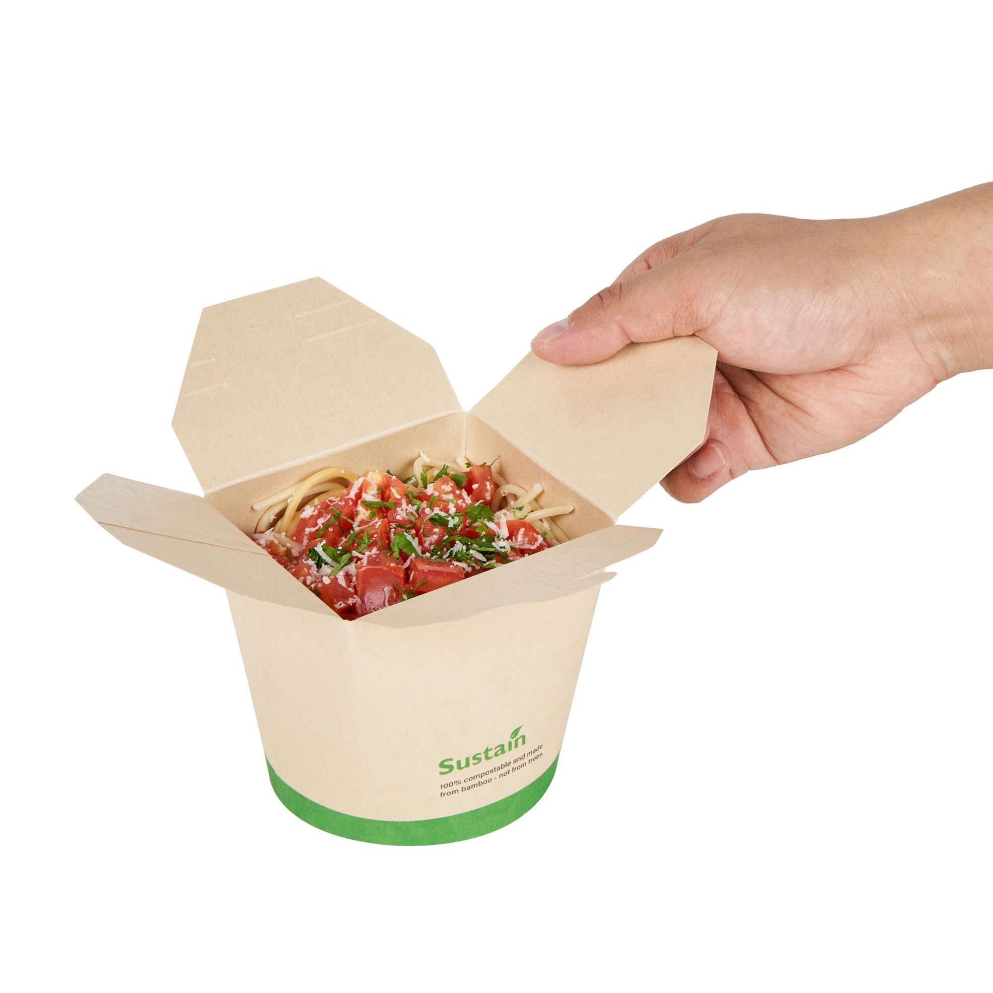 Sustain 26 oz Round Bamboo Paper Noodle Take Out Container - with PLA Lining, Compostable - 4" x 3 1/2" x 3 3/4" - 50 count box