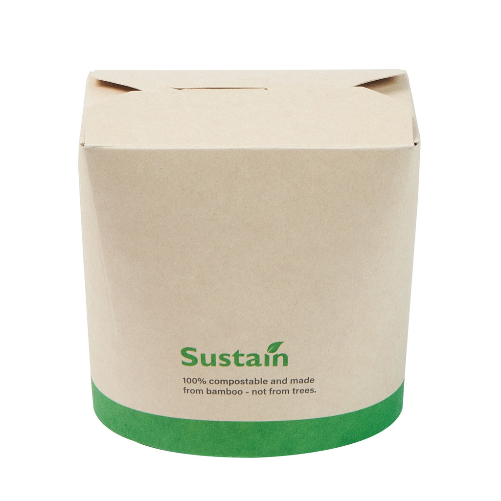 Sustain 26 oz Round Bamboo Paper Noodle Take Out Container - with PLA Lining, Compostable - 4" x 3 1/2" x 3 3/4" - 50 count box