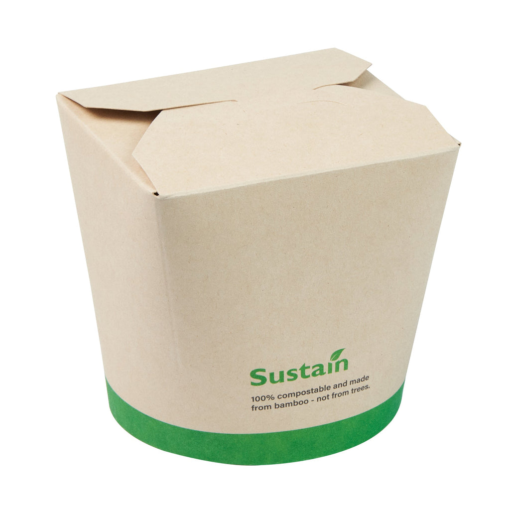 Sustain 26 oz Round Bamboo Paper Noodle Take Out Container - with PLA Lining, Compostable - 4" x 3 1/2" x 3 3/4" - 50 count box