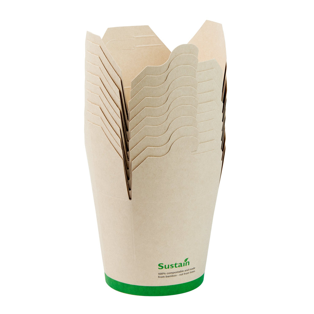 Sustain 26 oz Round Bamboo Paper Noodle Take Out Container - with PLA Lining, Compostable - 4" x 3 1/2" x 3 3/4" - 50 count box