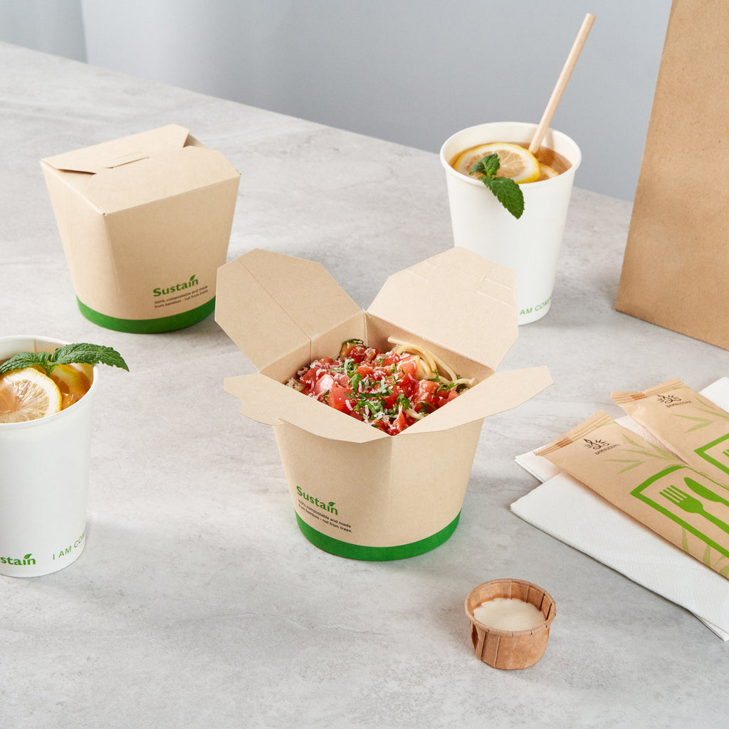 Sustain 26 oz Round Bamboo Paper Noodle Take Out Container - with PLA Lining, Compostable - 4" x 3 1/2" x 3 3/4" - 50 count box