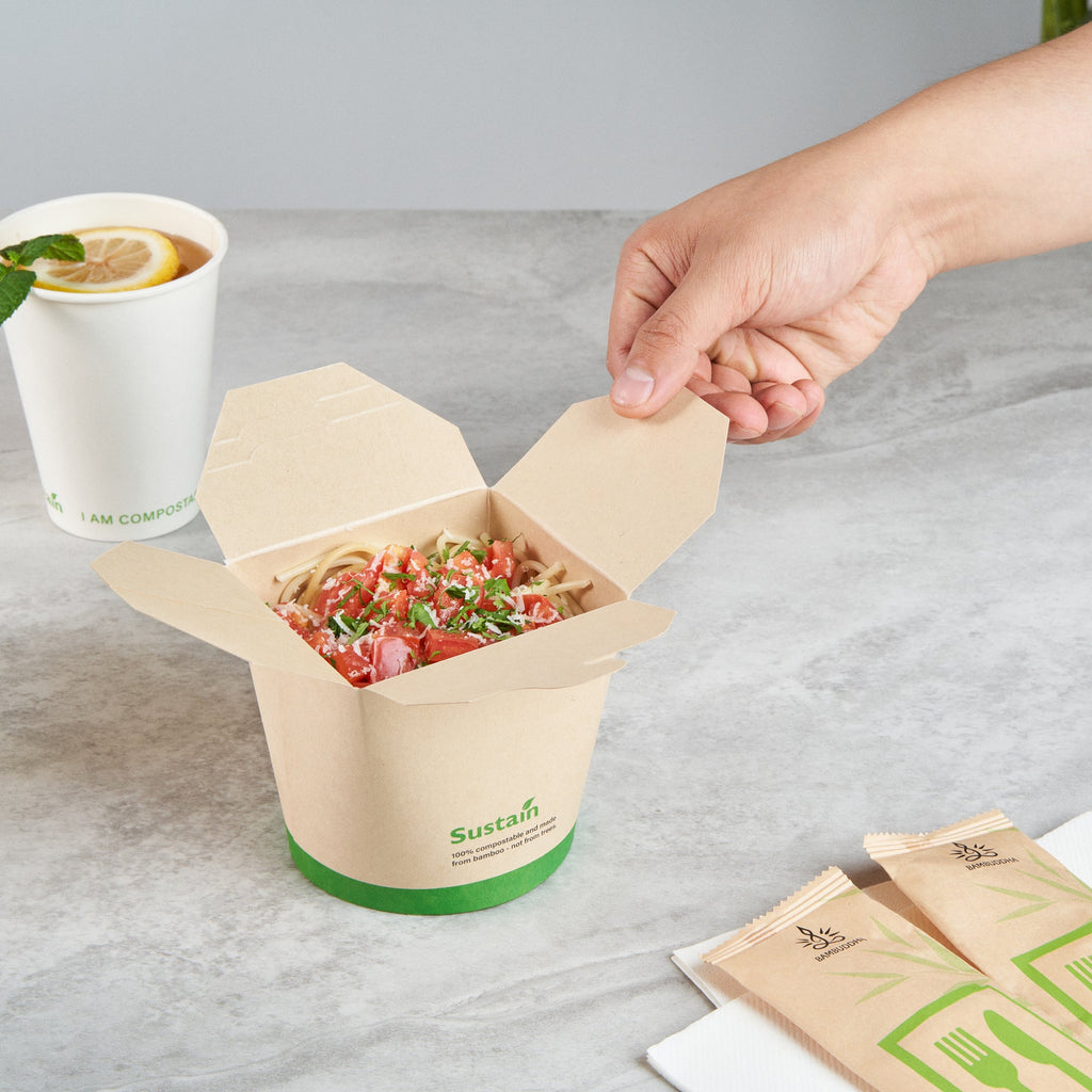 Sustain 26 oz Round Bamboo Paper Noodle Take Out Container - with PLA Lining, Compostable - 4" x 3 1/2" x 3 3/4" - 50 count box