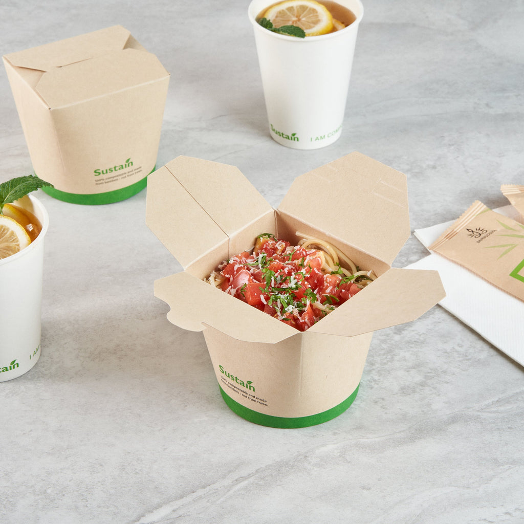 Sustain 26 oz Round Bamboo Paper Noodle Take Out Container - with PLA Lining, Compostable - 4" x 3 1/2" x 3 3/4" - 50 count box