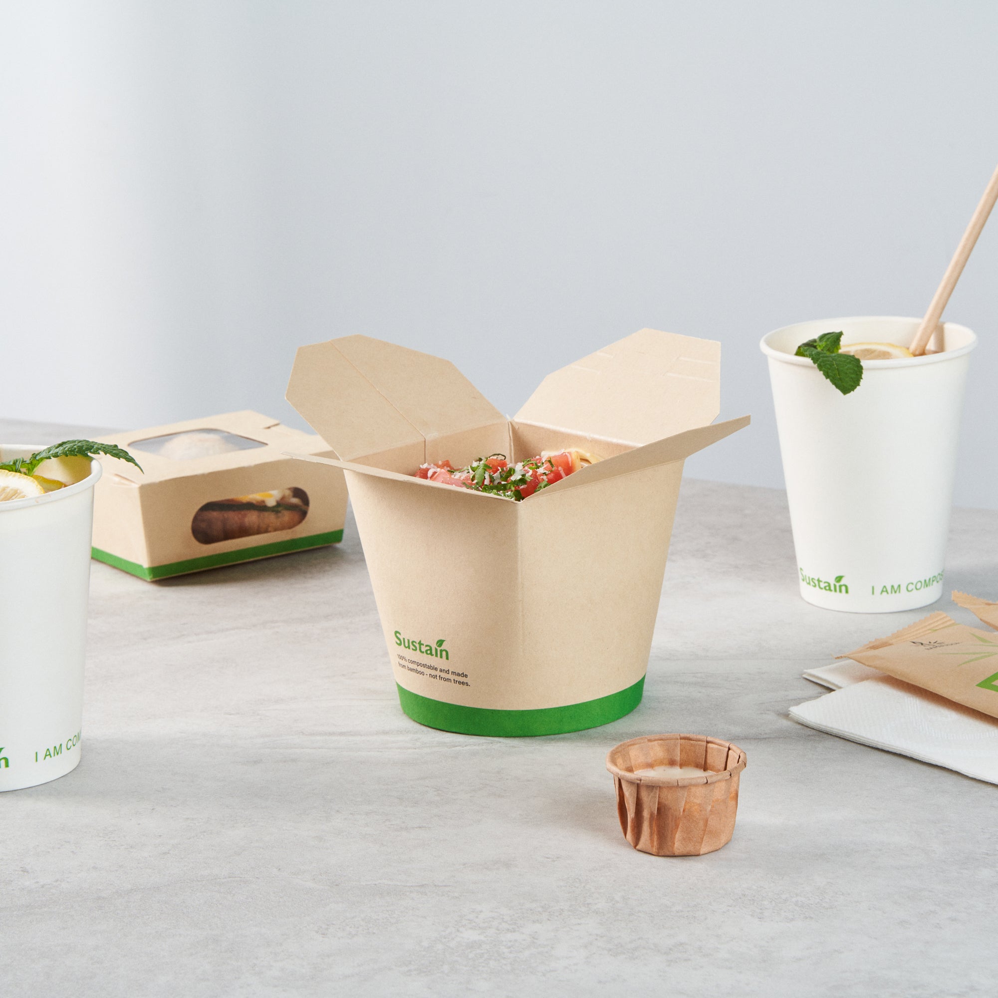 Sustain 26 oz Round Bamboo Paper Noodle Take Out Container - with PLA Lining, Compostable - 4" x 3 1/2" x 3 3/4" - 50 count box