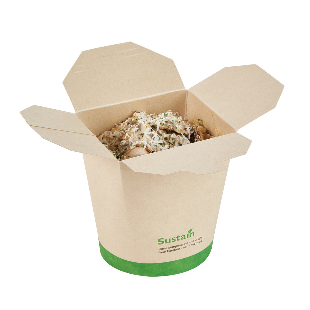 Sustain 32 oz Round Bamboo Paper Noodle Take Out Container - with PLA Lining, Compostable - 4" x 3 1/2" x 4 1/2" - 50 count box