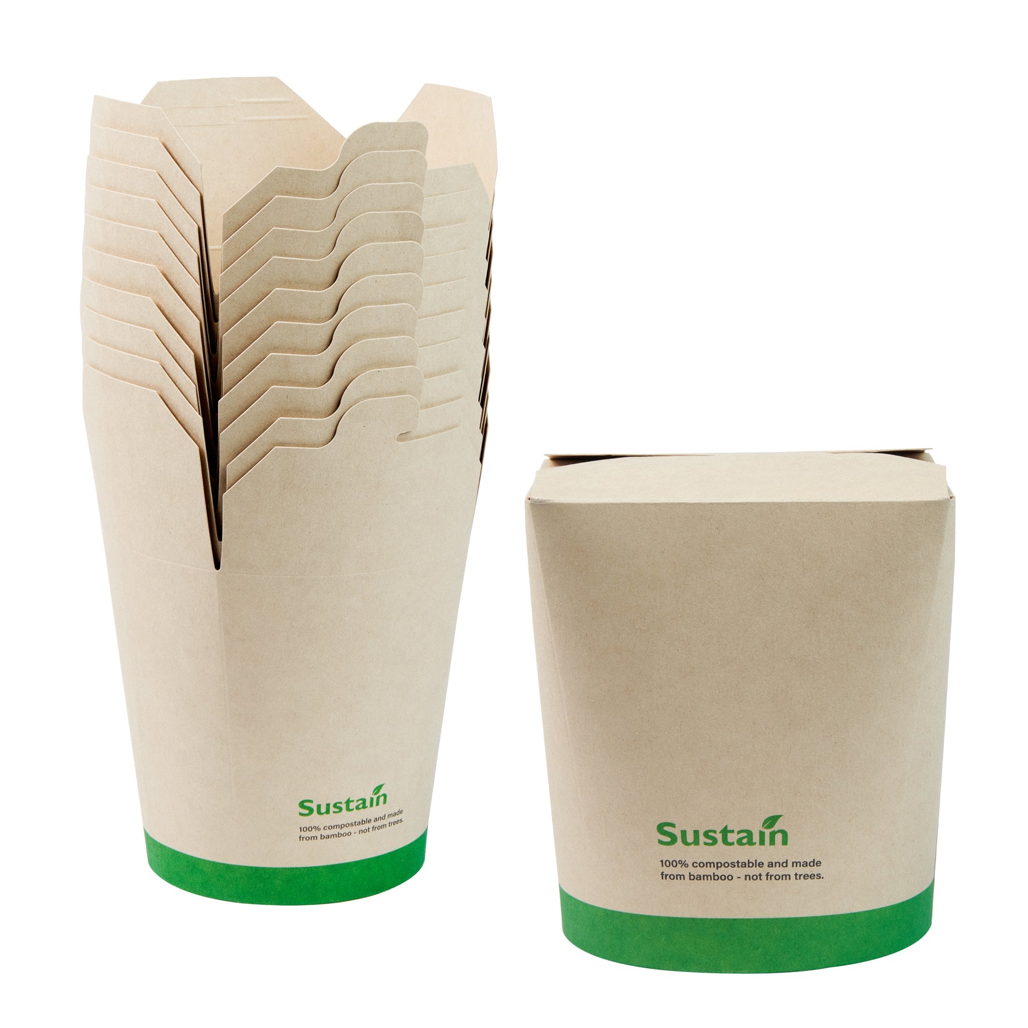 Sustain 32 oz Round Bamboo Paper Noodle Take Out Container - with PLA Lining, Compostable - 4" x 3 1/2" x 4 1/2" - 50 count box