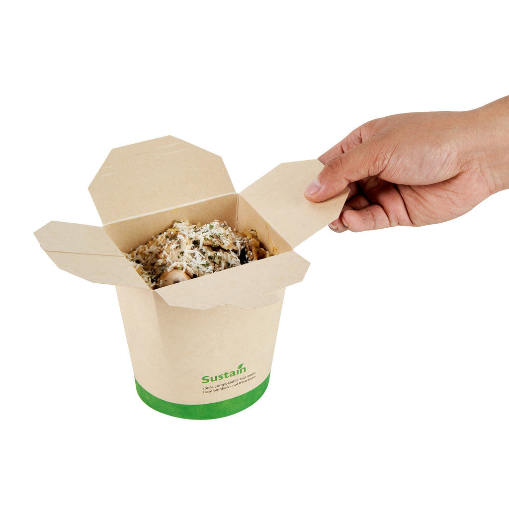 Sustain 32 oz Round Bamboo Paper Noodle Take Out Container - with PLA Lining, Compostable - 4" x 3 1/2" x 4 1/2" - 50 count box