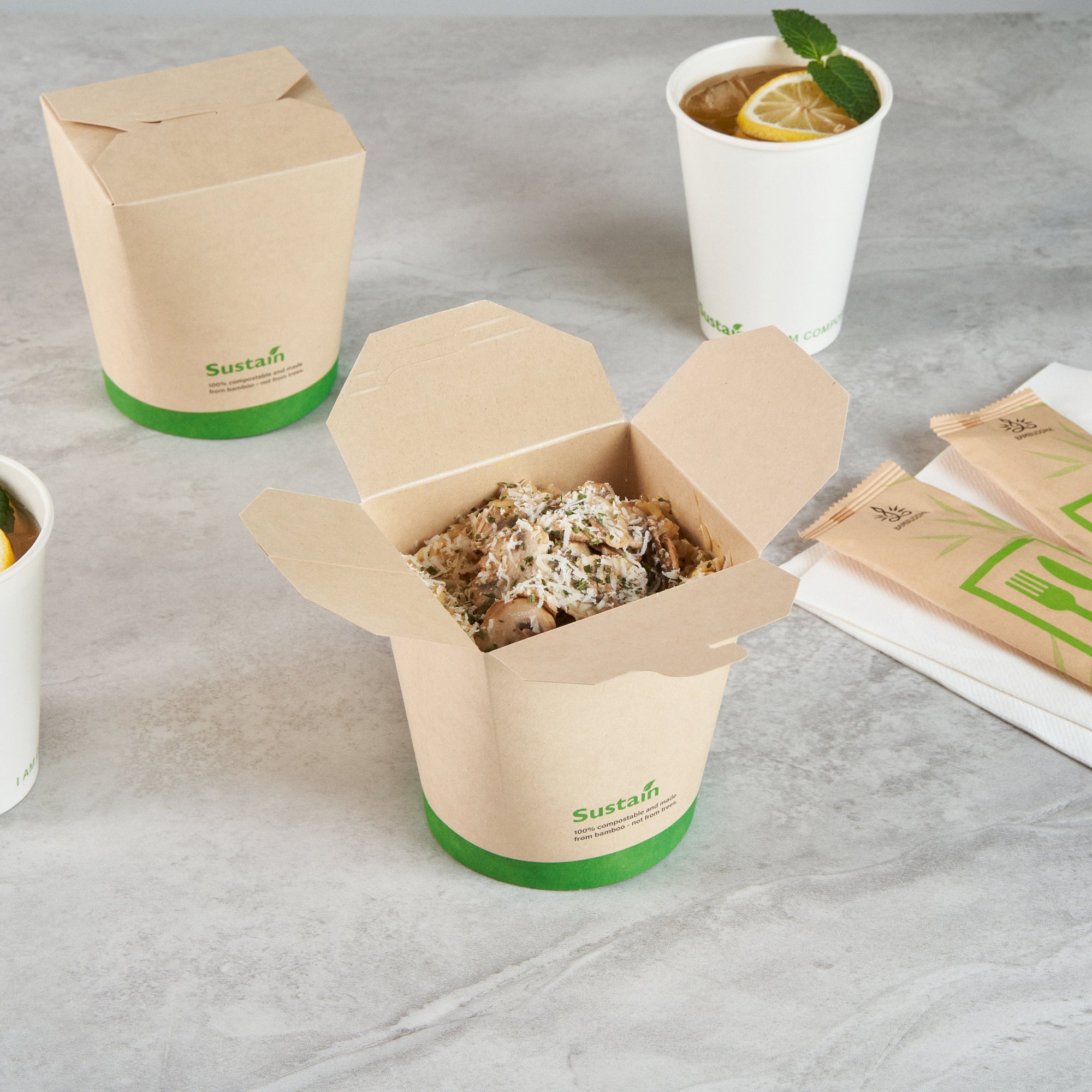 Sustain 32 oz Round Bamboo Paper Noodle Take Out Container - with PLA Lining, Compostable - 4" x 3 1/2" x 4 1/2" - 50 count box