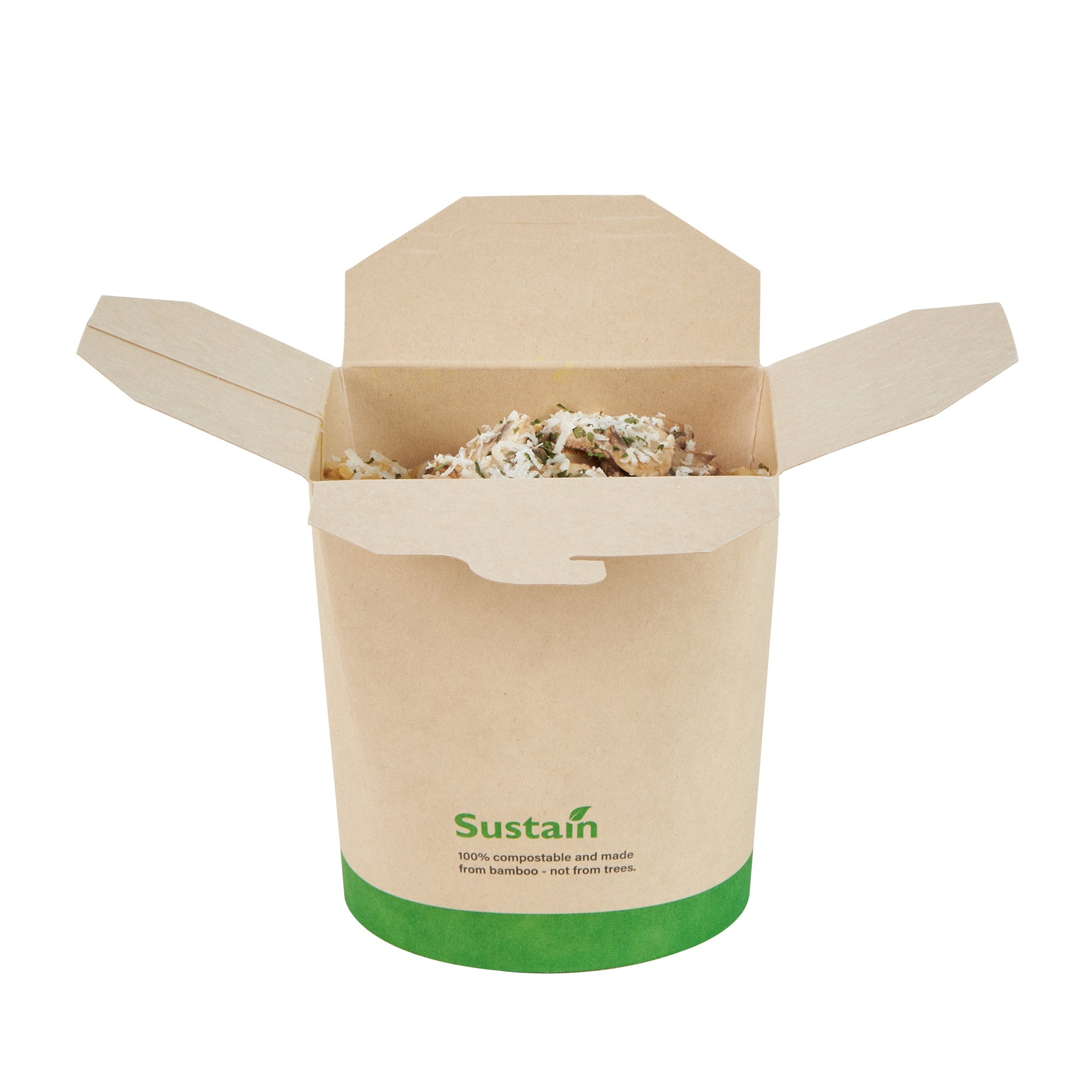 Sustain 32 oz Round Bamboo Paper Noodle Take Out Container - with PLA Lining, Compostable - 4" x 3 1/2" x 4 1/2" - 200 count box