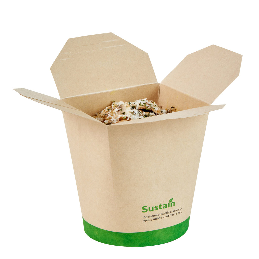 Sustain 32 oz Round Bamboo Paper Noodle Take Out Container - with PLA Lining, Compostable - 4" x 3 1/2" x 4 1/2" - 200 count box