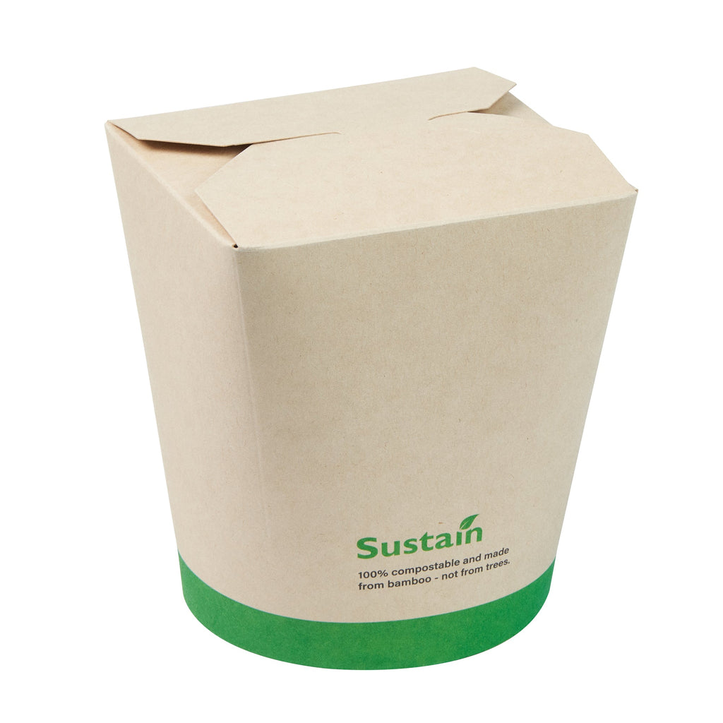 Sustain 32 oz Round Bamboo Paper Noodle Take Out Container - with PLA Lining, Compostable - 4" x 3 1/2" x 4 1/2" - 200 count box