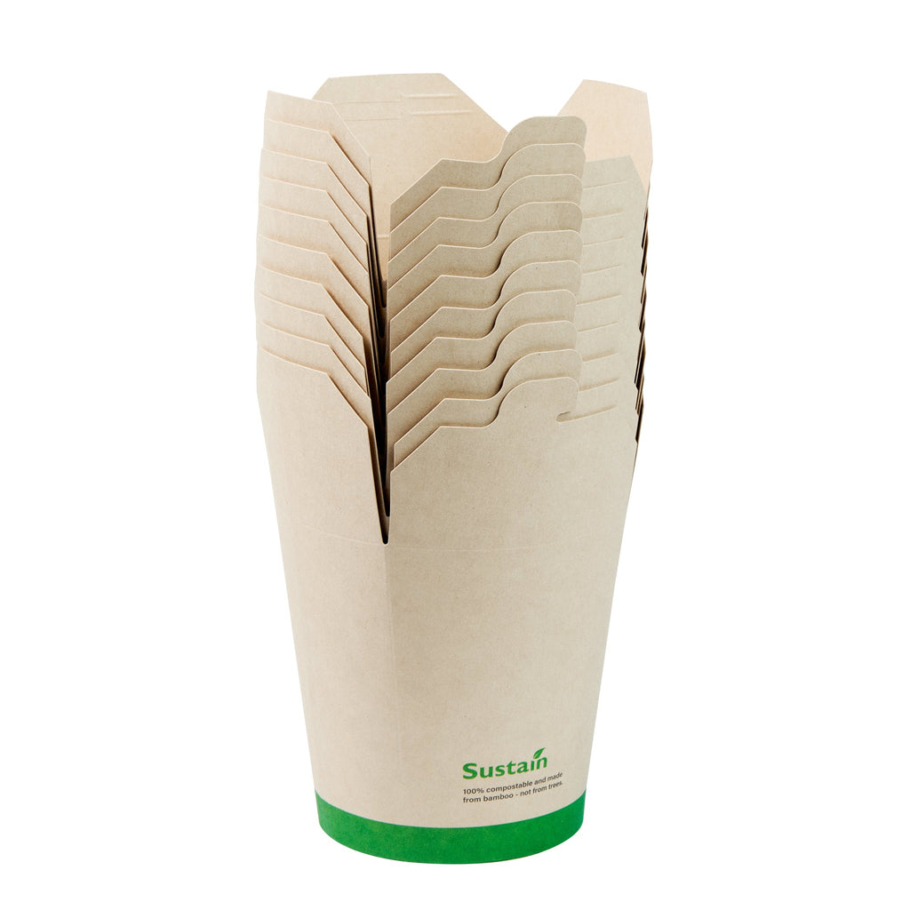 Sustain 32 oz Round Bamboo Paper Noodle Take Out Container - with PLA Lining, Compostable - 4" x 3 1/2" x 4 1/2" - 200 count box
