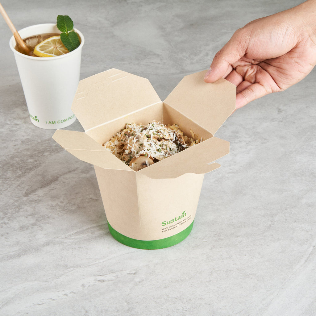 Sustain 32 oz Round Bamboo Paper Noodle Take Out Container - with PLA Lining, Compostable - 4" x 3 1/2" x 4 1/2" - 200 count box